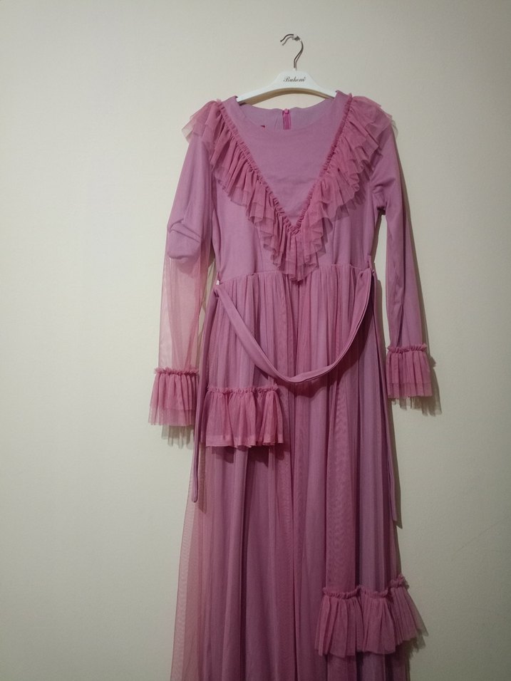 Pembe Uzun Fırfırlı Bohem Elbise - Görsel 3