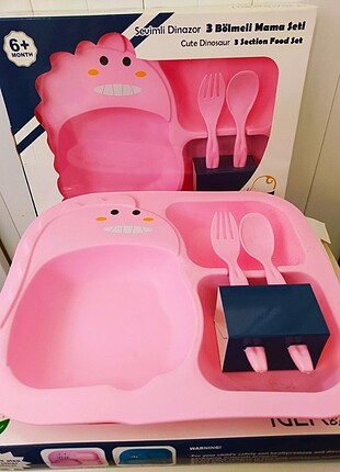 Pembe Sevimli Dinazor Desenli 3 Bölmeli Mama Tabagı