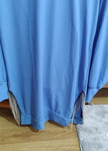 s Beden Mavi yırtmaçı zincir püsküllü tunik
