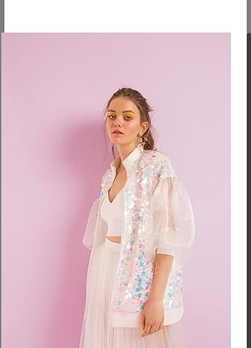 Beyaz organze kol pullu payetli ceket - Görsel 7