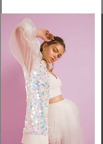 Beyaz organze kol pullu payetli ceket - Görsel 8