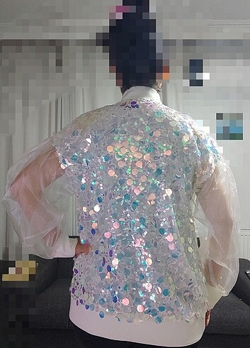 Beyaz organze kol pullu payetli ceket - Görsel 10