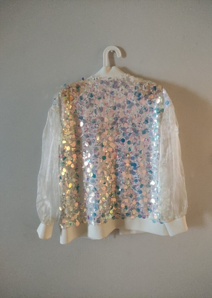 Beyaz organze kol pullu payetli ceket - Görsel 4