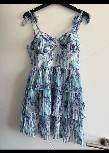 Mavi Bağcıklı Fırfırlı Mini Elbise