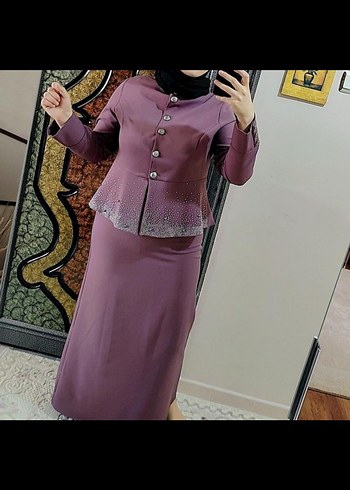 Düğmeli Mor Uzun Kadın Takım
