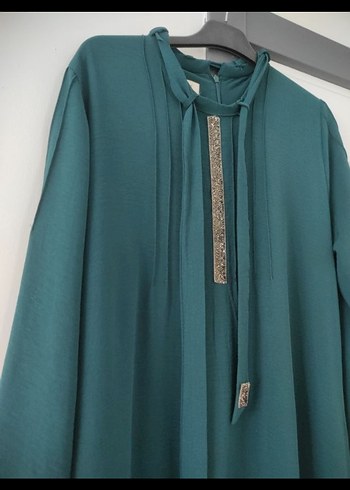 Uzun Turkuaz Drapeli Tesettür Elbise - Görsel 5