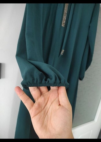 Uzun Turkuaz Drapeli Tesettür Elbise - Görsel 6