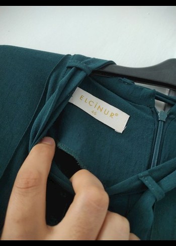 Uzun Turkuaz Drapeli Tesettür Elbise - Görsel 4