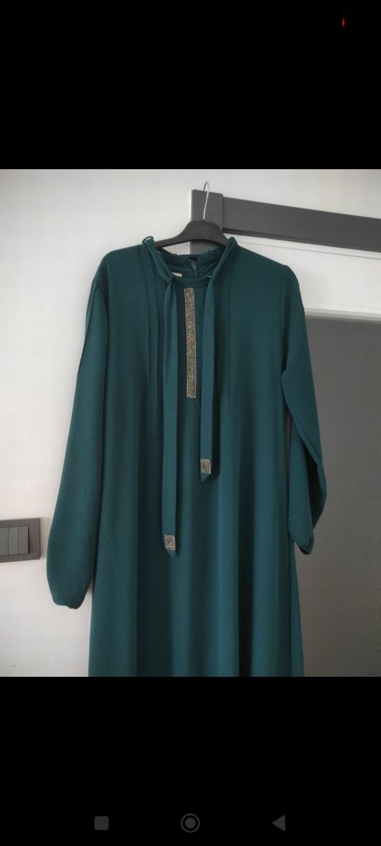 Uzun Turkuaz Drapeli Tesettür Elbise - Görsel 3