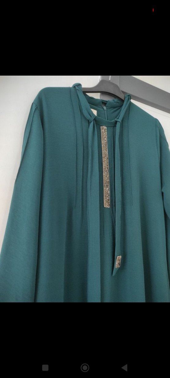 Uzun Turkuaz Drapeli Tesettür Elbise - Görsel 5