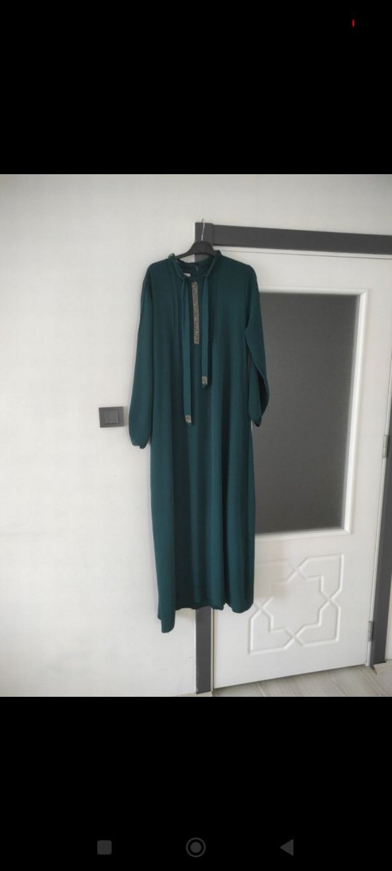 Uzun Turkuaz Drapeli Tesettür Elbise - Görsel 2