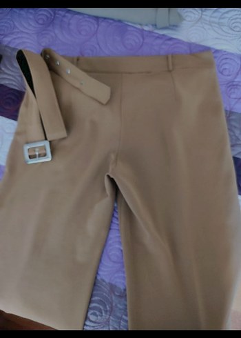 Bej Kumaş Kadın Pantolon, Kemerli - Görsel 4