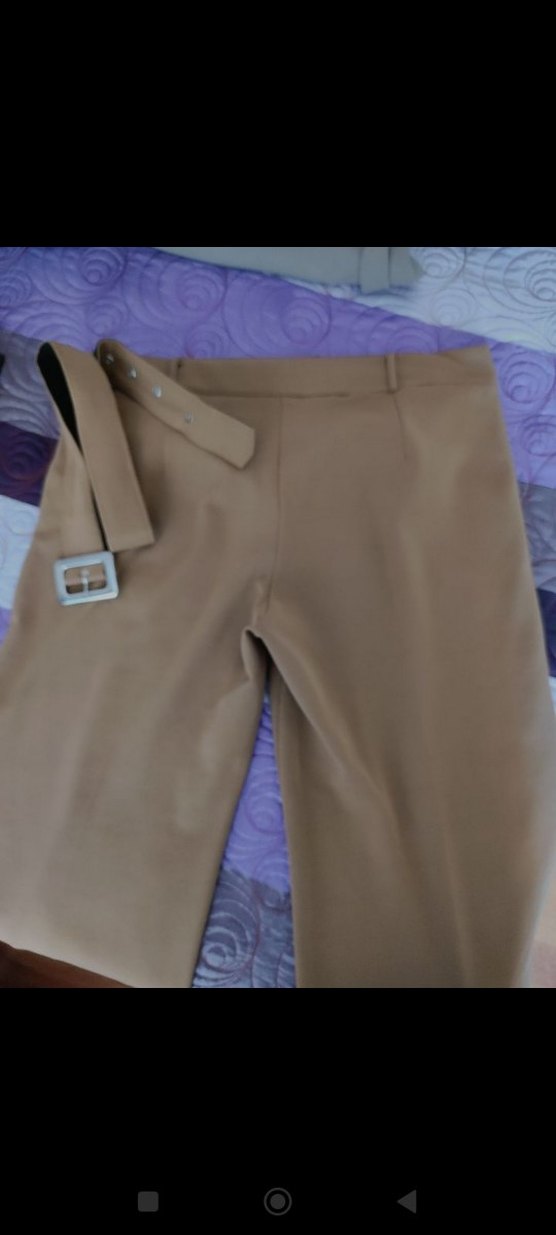 Bej Kumaş Kadın Pantolon, Kemerli - Görsel 4