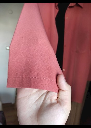 Düğmeli somon rengi Uzun Kollu Kadın Gömlek - Görsel 3