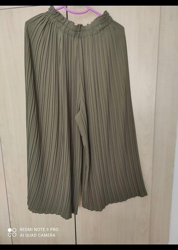 haki, Pileli, Bol Kesim Kadın Pantolon - Görsel 3