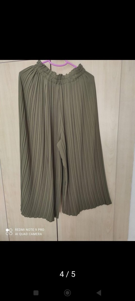 haki, Pileli, Bol Kesim Kadın Pantolon - Görsel 3