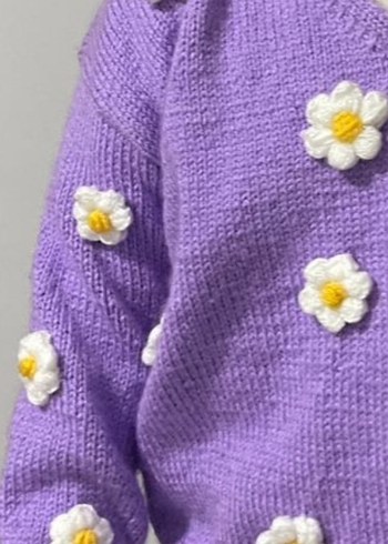 Kız Çocuk Mor Çiçekli Örgü Hırka - Görsel 2