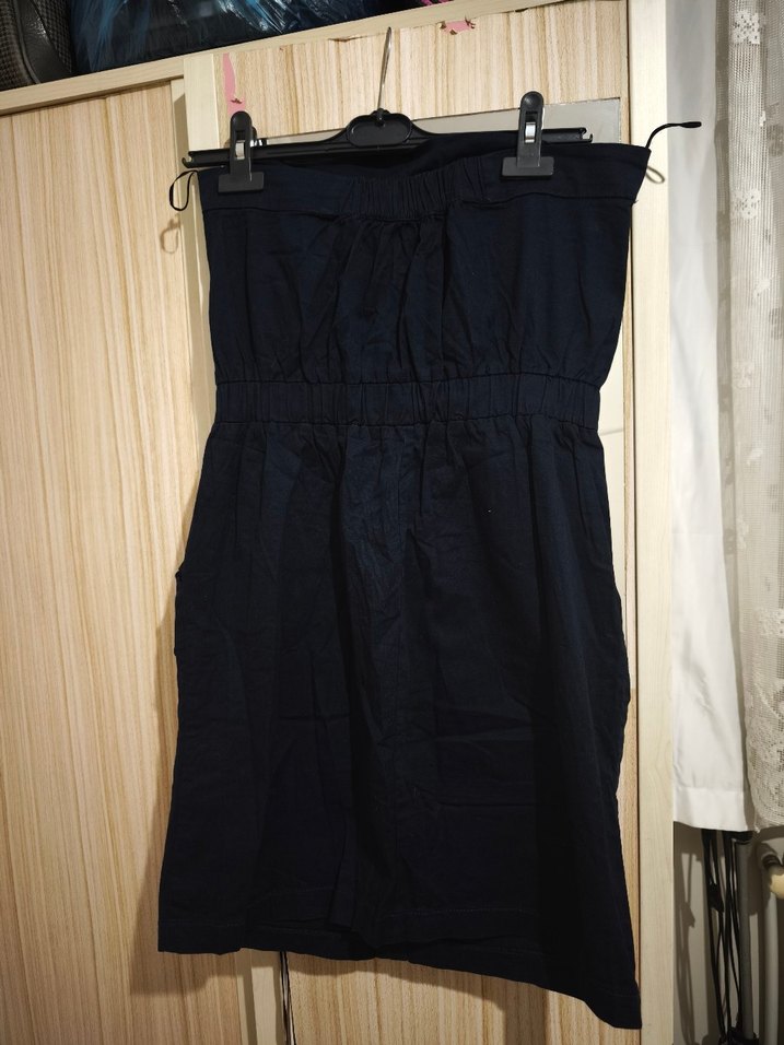 Düğmeli Lacivert Straplez Midi Kot Elbise - Görsel 2