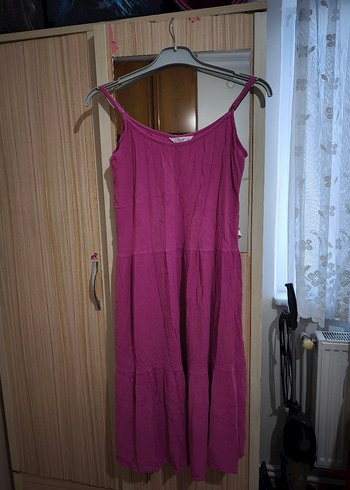 Fuşya Pembe Midi Askılı Rahat Kadın Elbise
