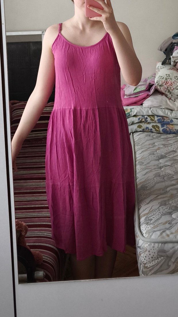 Fuşya Pembe Midi Askılı Rahat Kadın Elbise - Görsel 2