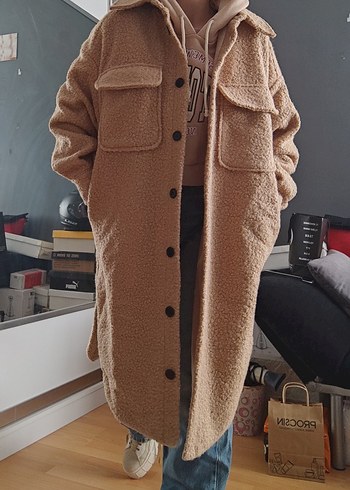 Hooopstore Yün Buklet Oversize Midi Kadın Kaban - Görsel 16