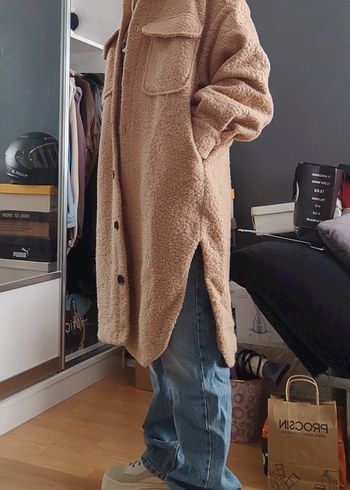 s Beden camel Renk Yün Buklet Oversize Midi Kadın Kaban