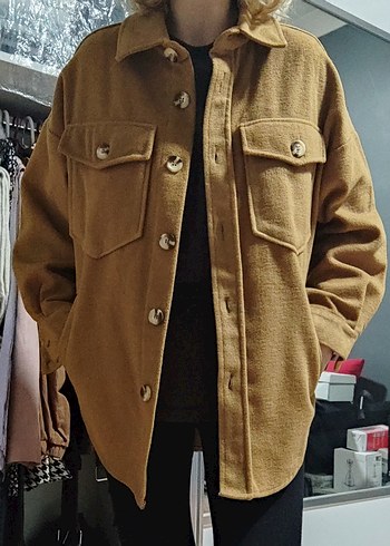 s Beden camel Renk Oversize Camel Hardal Kaşe Ceket Gömlek