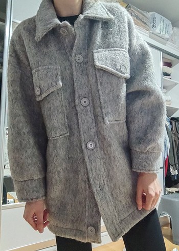 Hooopstore Gri kırçıllı oversize yün kaban - Görsel 5