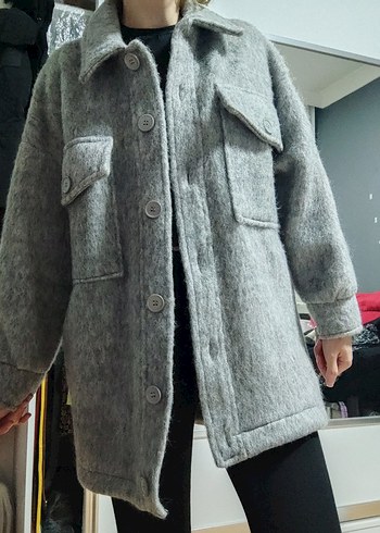 Hooopstore Gri kırçıllı oversize yün kaban - Görsel 6