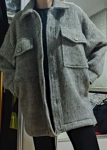 Hooopstore Gri kırçıllı oversize yün kaban - Görsel 7