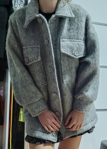 Hooopstore Gri kırçıllı oversize yün kaban - Görsel 14