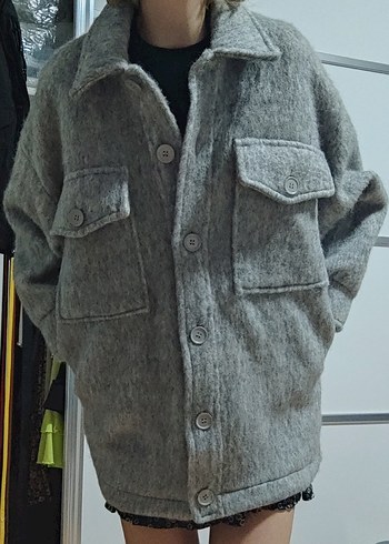 Hooopstore Gri kırçıllı oversize yün kaban - Görsel 3