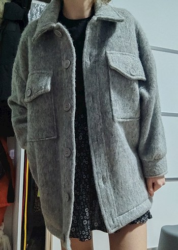 Hooopstore Gri kırçıllı oversize yün kaban - Görsel 13