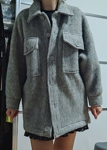 Hooopstore Gri kırçıllı oversize yün kaban - Görsel 8