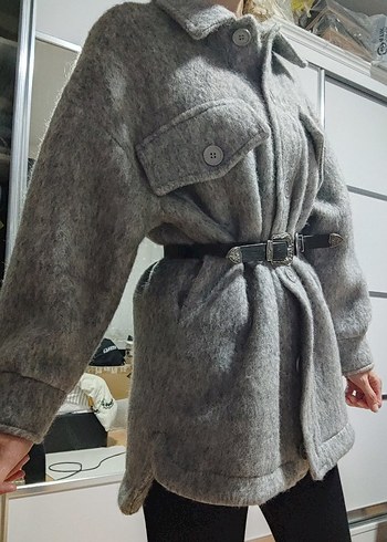 Hooopstore Gri kırçıllı oversize yün kaban - Görsel 4