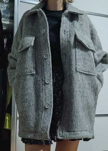 Hooopstore Gri kırçıllı oversize yün kaban - Görsel 15