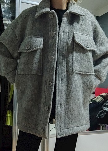 Hooopstore Gri kırçıllı oversize yün kaban - Görsel 2