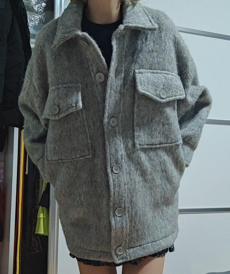 Hooopstore Gri kırçıllı oversize yün kaban - Görsel 3