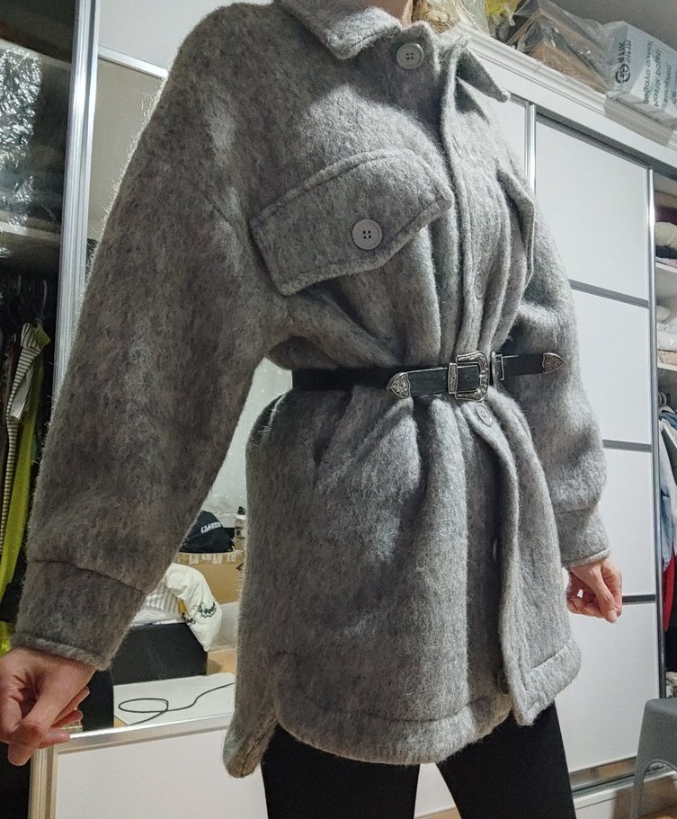 Hooopstore Gri kırçıllı oversize yün kaban - Görsel 4