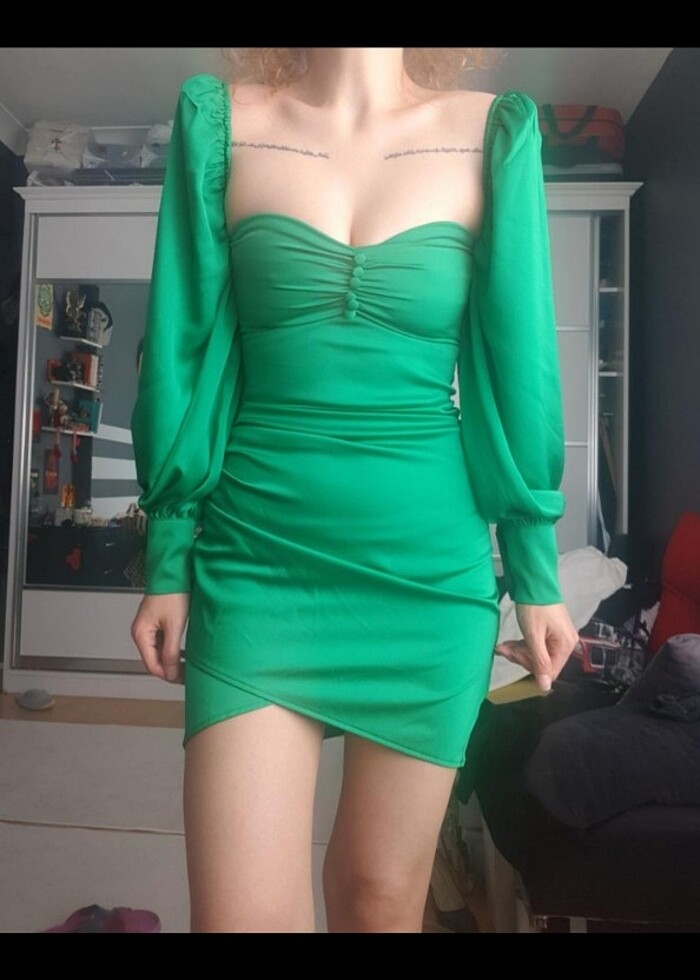 Zümrüt yeşil prenses kol mini elbise - Görsel 4