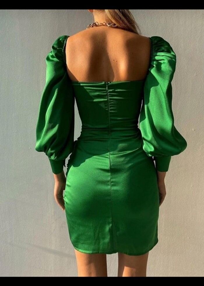 Zümrüt yeşil prenses kol mini elbise - Görsel 2