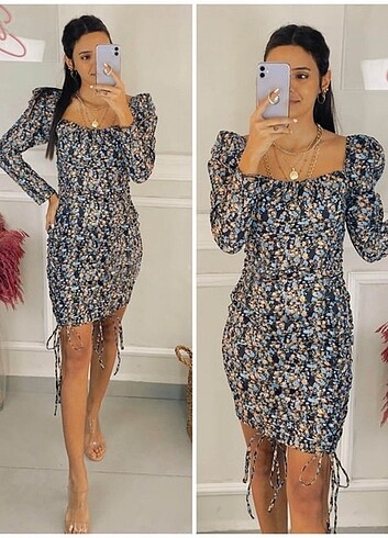 Karpuz kol büzgülü çiçekli elbise  - Görsel 10