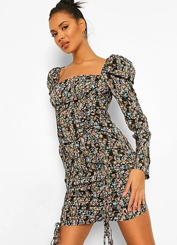 Karpuz kol büzgülü çiçekli elbise  - Görsel 3