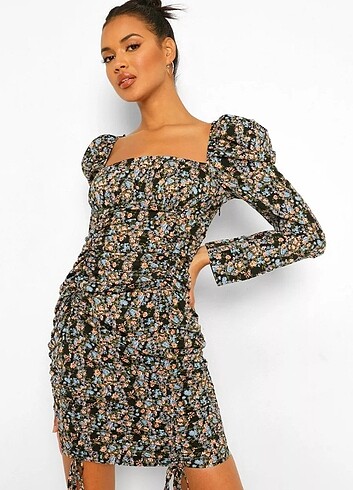 Karpuz kol büzgülü çiçekli elbise  - Görsel 4