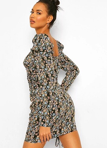 Karpuz kol büzgülü çiçekli elbise  - Görsel 2