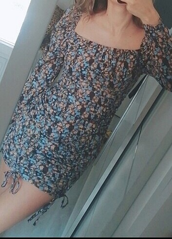 Karpuz kol büzgülü çiçekli elbise  - Görsel 9