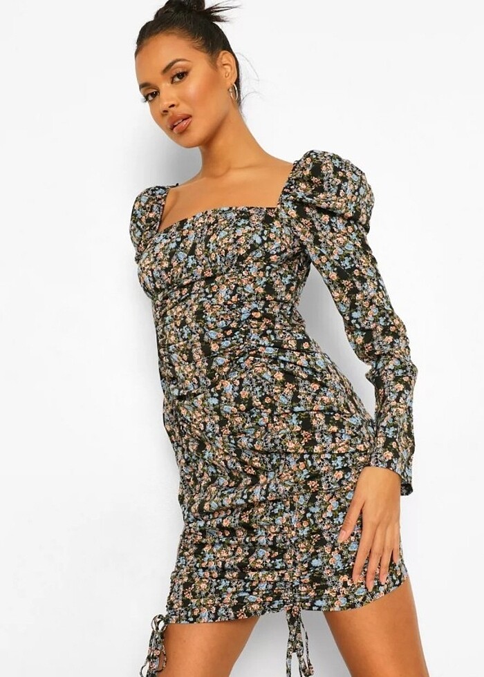 Karpuz kol büzgülü çiçekli elbise  - Görsel 3