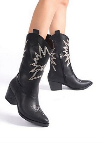 Kadın Siyah İşlemeli Deri Topuklu Kovboy Bot - Görsel 5