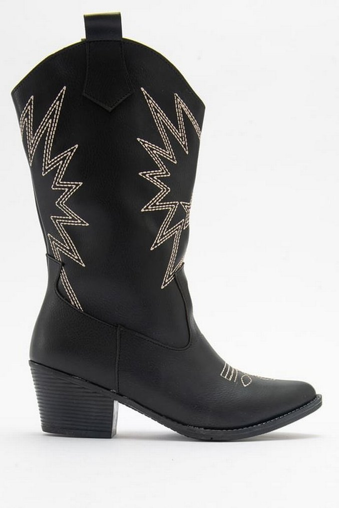 Kadın Siyah İşlemeli Deri Topuklu Kovboy Bot - Görsel 4