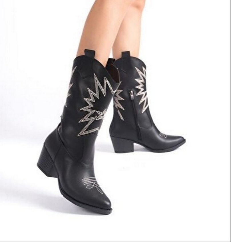 Kadın Siyah İşlemeli Deri Topuklu Kovboy Bot - Görsel 5